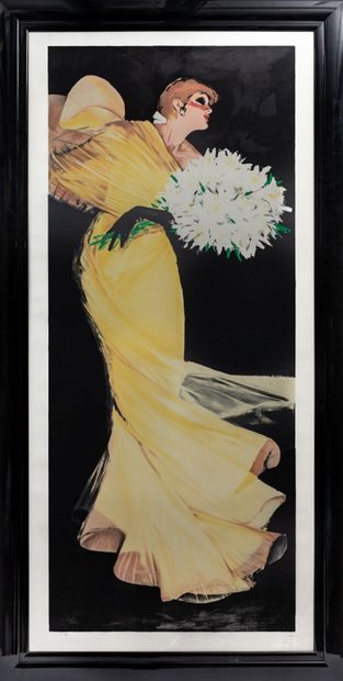  René GRUAU (1909-2004). 
L'élégante à la robe jaune. 
Lithographie en couleurs....