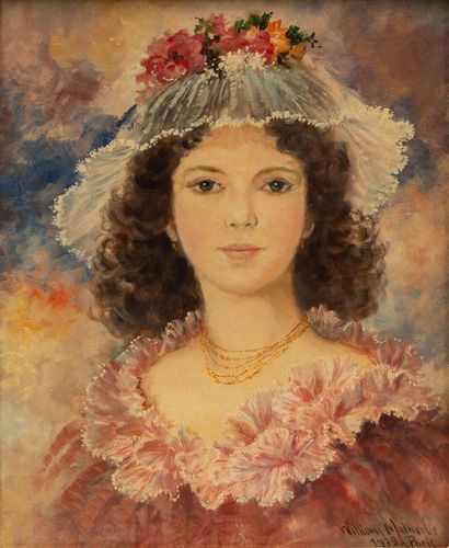  William MALHERBE (1884-1951). 
Portrait de jeune femme à la collerette rose. 
Huile...