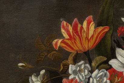  Ecole hollandaise du XVIIIème siècle. 
Nature morte à la corbeille de fleurs. 
Huile...