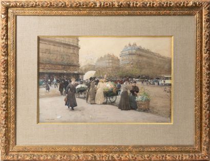 null Luigi LOIR (1845-1916).

Flower sellers in Paris, place de l'Opéra, view towards...