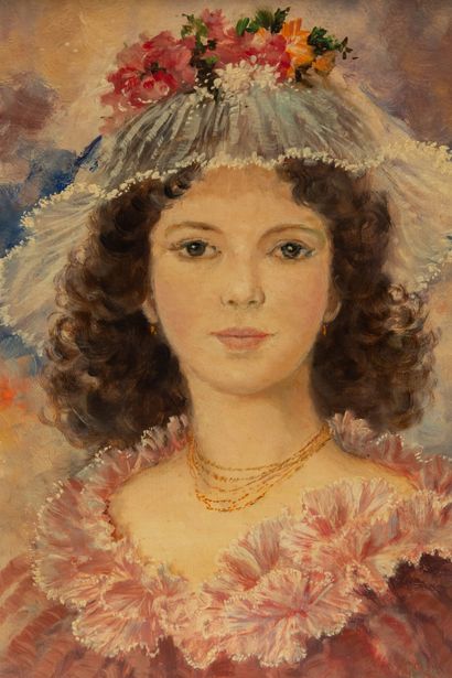  William MALHERBE (1884-1951). 
Portrait de jeune femme à la collerette rose. 
Huile...