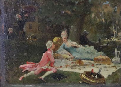  Hugo Fredrik SALMSON (1843-1894), attribué à. 
Couple galant dans un parc. 
Huile...
