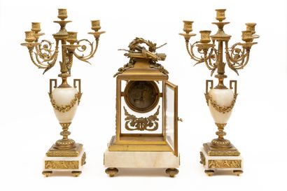 null Mantel set in chased and gilded bronze and alabaster, including a clock with...