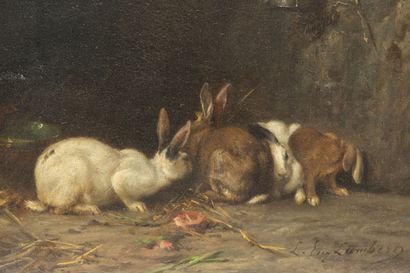 null Louis Eugène LAMBERT (1825-1900).

Quatre lapins.

Huile sur panneau de bois,...