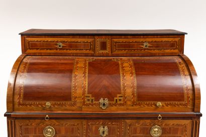 null Cylinder desk in rosewood marquetry, framed with two-tone braids, tinted pearwood...