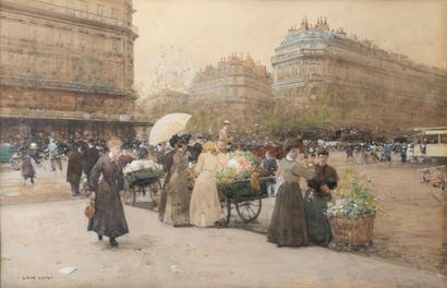 null Luigi LOIR (1845-1916).

Flower sellers in Paris, place de l'Opéra, view towards...