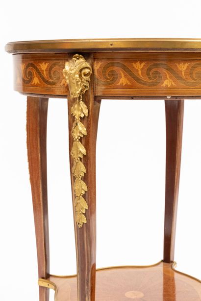 null Table of living room in marquetry of wood of veneer with decoration of interlaces,...