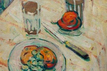 null Abel BERTRAM (1871-1954).

Still life with a table set, a knife and a glass...