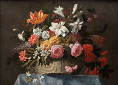  Ecole hollandaise du XVIIIème siècle. 
Nature morte à la corbeille de fleurs. 
Huile...