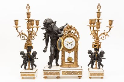 null 
Regule mantel set with bronze patina, gilded bronze and white marble including...