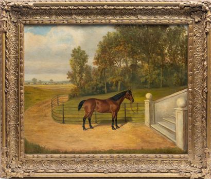  Albert CLARK (actif entre 1821-1910). 
Portrait de cheval, à l'entrée d'une propriété....