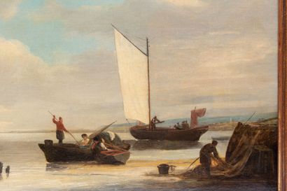  Thomas LUNY (1759-1837). 
Marine au galion et bateaux de pêche. 
Huile sur toile,...