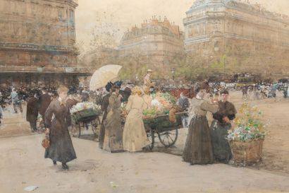 null Luigi LOIR (1845-1916).

Flower sellers in Paris, place de l'Opéra, view towards...