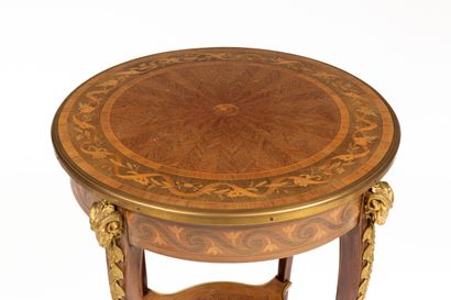 null Table of living room in marquetry of wood of veneer with decoration of interlaces,...