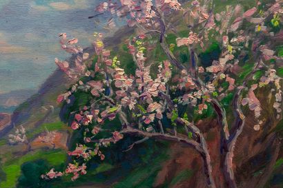 null Primitive BONO (1880-1955).

Tree in bloom at the seaside. 

Oil on panel, signed...