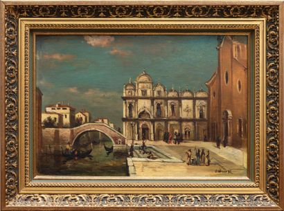 null Ecole italienne du XXème siècle.

Venise, pont avec gondoliers.

Huile sur panneau,...