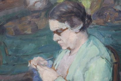 null Maurice DEMINNE (XXth century). 

Woman with knitting. 

Oil on panel, signed...