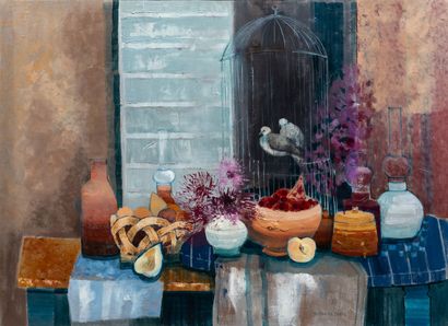 null Bernard CONTE (1931-1995). 

Nature morte aux tourterelles. 

Huile sur toile,...