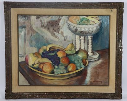 null Maurice DEMINNE (XXth century). 

Still life with a basket of fruits. 

Oil...