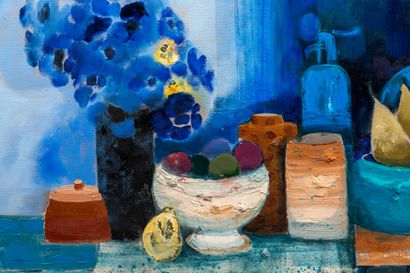 null Bernard CONTE (1931-1995). 

Nature morte bleue. 

Huile sur toile, contresignée...