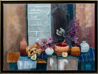 null Bernard CONTE (1931-1995). 

Nature morte aux tourterelles. 

Huile sur toile,...