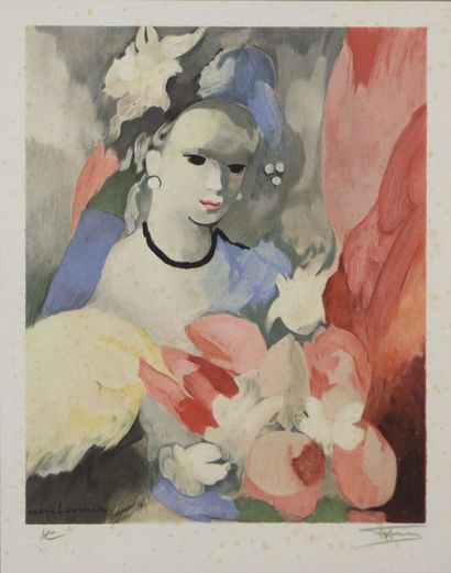 null Marie LAURENCIN (1883-1956), d'après.

Femme au bouquet de fleurs.

Lithographie...