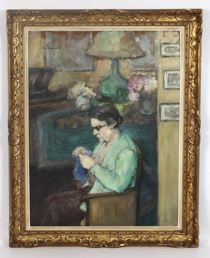null Maurice DEMINNE (XXth century). 

Woman with knitting. 

Oil on panel, signed...