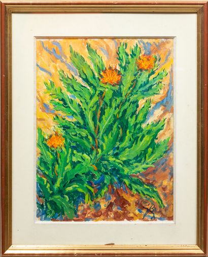 null Gérard BOUYAC (1930-2016).

Yellow thistles. 

Gouache on paper, signed lower...