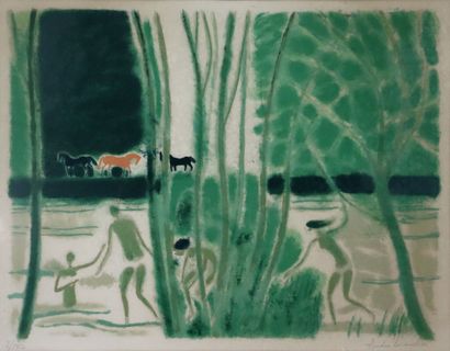 null André BRASILIER (born in 1929).

Bathers and horses.

Lithograph, signed lower...