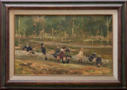 null French or Belgian school, circa 1920.
Children sitting on a trunk, near a forest.
Oil...