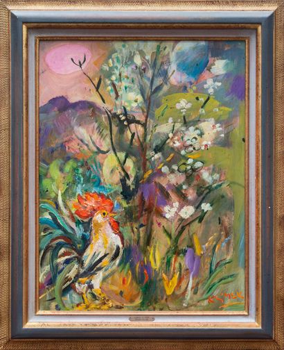 null Ludwig KLIMEK (1912-1992).
The Song of the Rooster.
Oil on panel mounted on...
