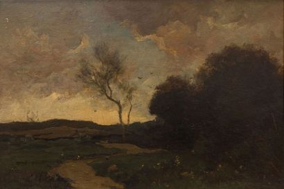 null Théophile DE BOCK (1851-1904). 
Paysage. 
Huile sur panneau, signée en bas à...