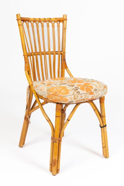 null AUDOUX-MINET, attributed to. 
Suite of four rattan chairs.
With their polychrome...
