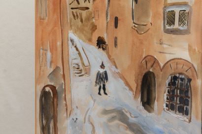 null Yves BRAYER (1907-1990).
Ruelles près de la cathédrale, sous la neige.
Gouache...