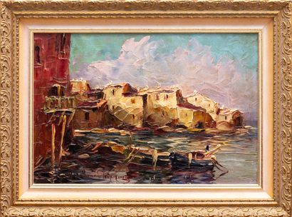 null Salomon LE TROPÉZIEN (XXth century).
Saint-Tropez, the port.
Oil on panel, signed...