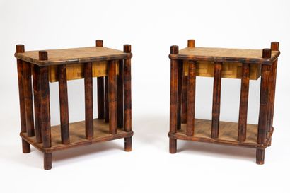 null AUDOUX-MINET, attributed to.
Pair of two-tone bamboo bedside tables.
They open...