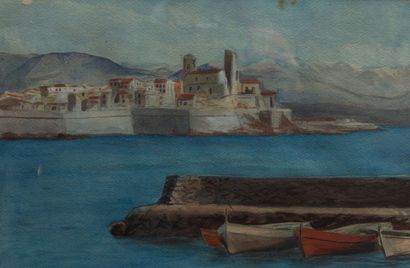 null Jean BELLUS (1911-1967). 
Antibes, la vieille ville vue de la Salis.
Aquarelle...