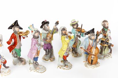 null MEISSEN.
Orchestra of seventeen monkey musicians in polychrome enamelled porcelain,...
