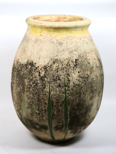null BIOT.
Oil jar with yellow glazed neck, the body covered with some green enamel...