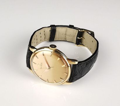 null OMEGA.
Man's wristwatch in yellow gold.
Dial with copper background.
Index baton.
Mechanical...