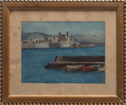 null Jean BELLUS (1911-1967). 
Antibes, la vieille ville vue de la Salis.
Aquarelle...