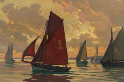 null Paul André Jean ESCHBACH (1881-1961).
Deauville, the sailboats, morning effect.
Oil...
