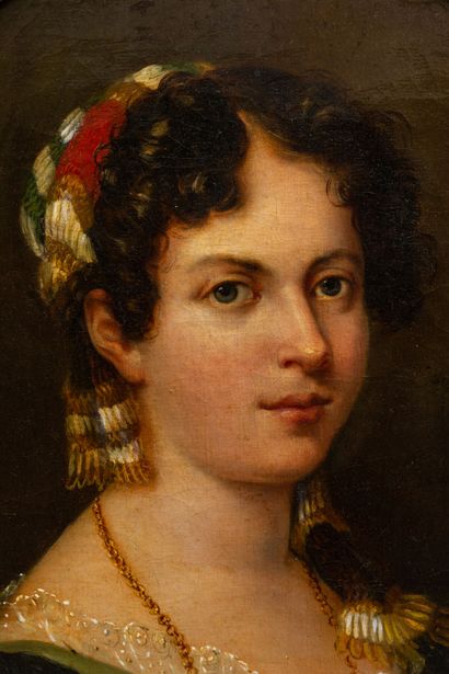null Ecole espagnole de la fin du XVIIIème siècle.
Portrait de femme au collier doré.
Huile...