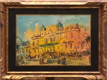 null Emmanuel BELLINI (1904-1989).
Place du Casino, Monaco. 
Aquarelle sur papier,...