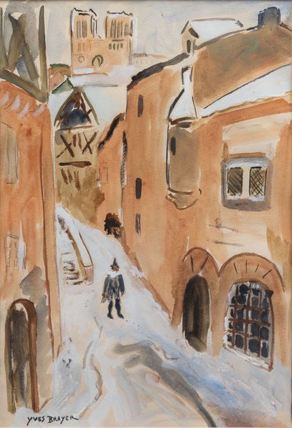 null Yves BRAYER (1907-1990).
Lanes near the cathedral, under the snow.
Gouache and...