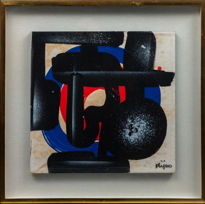 null Ladislas KIJNO (1921-2012).
Abstract composition in black, red, blue.
Mixed...