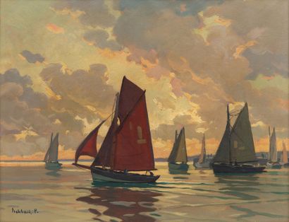 null Paul André Jean ESCHBACH (1881-1961).
Deauville, the sailboats, morning effect.
Oil...