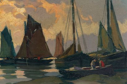 null Paul André Jean ESCHBACH (1881-1961).
Normandie, les voiliers, effet du matin.
Huile...