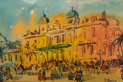 null Emmanuel BELLINI (1904-1989).
Place du Casino, Monaco. 
Aquarelle sur papier,...