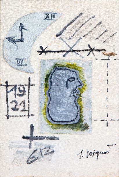 null James COIGNARD (1925-2008).
Composition with face and numbers 19 21.
Mixed media...